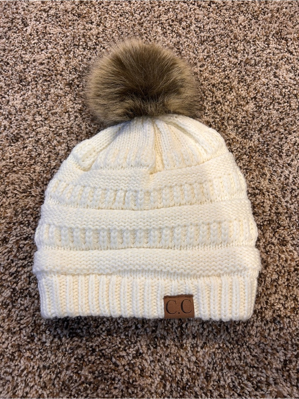 C.C Cream Knit Pom Beanie with Faux Fur Pom